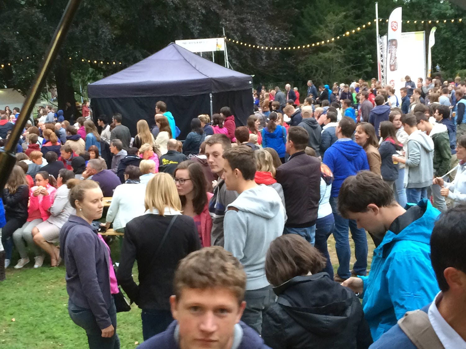 Drukbezocht parkfeest in de avond met lichtslingers en een volle wei